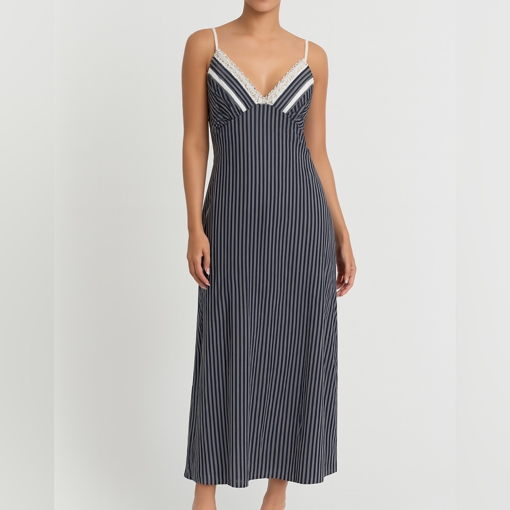 🖤 Studio Donatella Black Pinstripe Lace Slip Dress – Size L